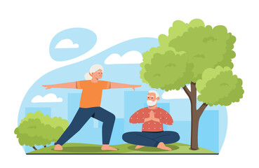 Old people doing yoga. Grandparents in park next to tree. Active lifestyle and sport, romantic date. Exercise for concentration and attention, internal balance. Cartoon flat vector illustration