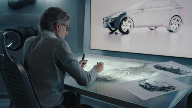 Automotive graphic designer draws sketch of the prototype model of a car with digital display graphics touch sreen table, using stylus pen in a high tech innovative laboratory.