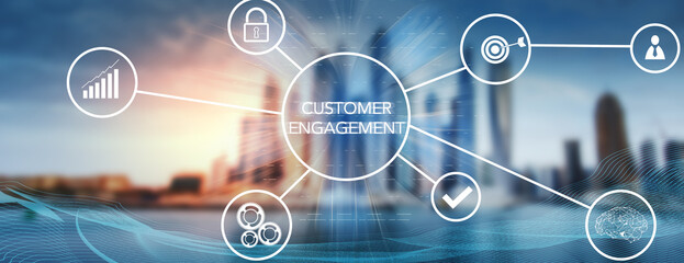 Customer engagement and icons on virtual screen.