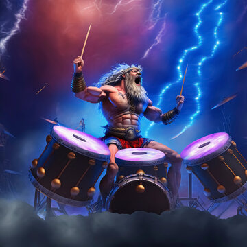 Drummer action in the sky with lightning flashes