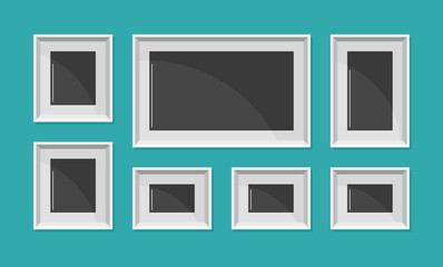 Blank picture frames for photo or paintings on wall. Gallery template with black rectangle posters with white borders and glass. Empty photography frames collage, vector cartoon illustration