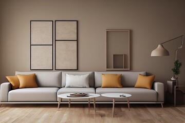 Interior wall mockup with soft minimalist living room in warm beige neutrals with curved low furnishing and natural materials. Illustration, 3d rendering.