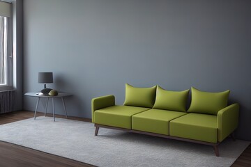 Green sofa with table on gray wall and wooden flooring.3d rendering