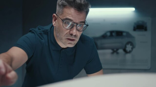Automotive engineer in a black framed glasses discusses the design, changes in the sculpture of a car with his colleague in a high tech car manufacturing company.