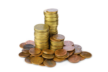 Stacks of different coins on white background