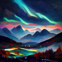 Northern Lights over the wooded mountains. Abstract painting. Imitation of oil painting. Digital illustration.
