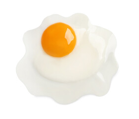 Tasty fried chicken egg isolated on white, top view