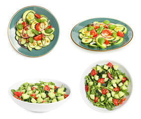 Set of delicious salad with cucumbers and different ingredients on white background
