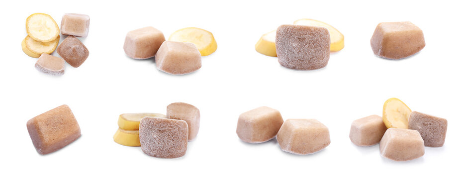 Set with frozen bananas puree cubes and ingredients on white background, banner design