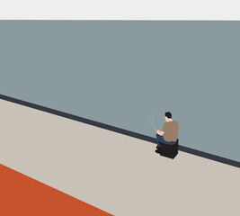 Obraz premium Man sitting and smoking cigarette near lake. Bad habit. Unhealthy lifestyle.