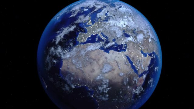 Zoom out of Belgium through clouds to see the Earth from space.