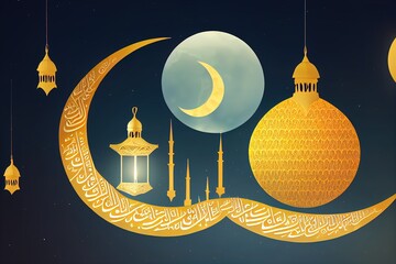 Islamic decoration background with crescent moon, lantern, gift box, leaves cartoon style, ramadan kareem, mawlid, iftar, isra miraj, eid al fitr adha, muharram, copy space, 3D illustration.