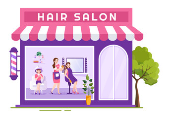 Hair Salon with Hairdresser, Haircut, Haircare and Hairstyle in Beauty Salon or Barber in Flat Cartoon Hand Drawn Templates Illustration