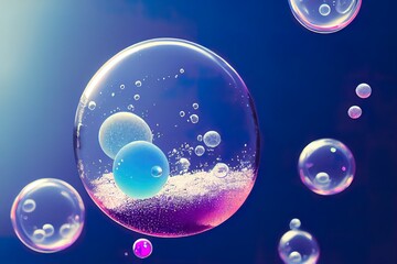 Obraz na płótnie Canvas Cosmetic Essence, Liquid bubble, Molecule inside Liquid Bubble on water background, 3d rendering