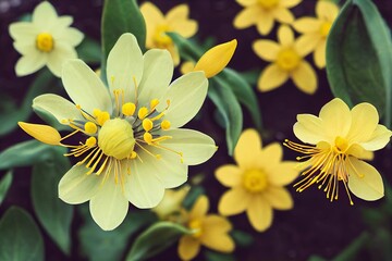 Beautiful, colorful and pretty yellow flowers growing in garden on a sunny spring day outside from above. Closeup of eranthis hyemalis or winter aconite blossoming, blooming and flowering in nature