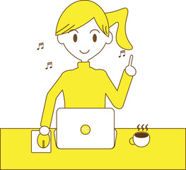 ノートパソコンで作業する在宅ワーク中のフリーランス女性のイラスト・主婦・ビジネス・仕事黄色
