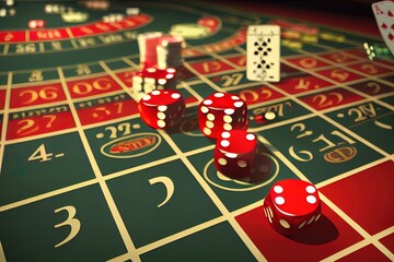 Casino roulette, chips and dice. Vegas casino game. Probability of luck in gambling. Online casino. 3d rendering.