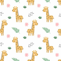 Cute giraffe . Green tropical branch. Seamless pattern for sewing children's clothing. African background in nursery. Jungles. Printing on fabric and packaging.