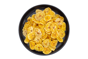 Banana slice chips on white background.