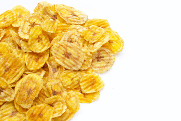 Banana slice chips on white background.