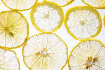 Juicy lemon slices with bubbles under water isolated on white background. Yellow lemon slices...