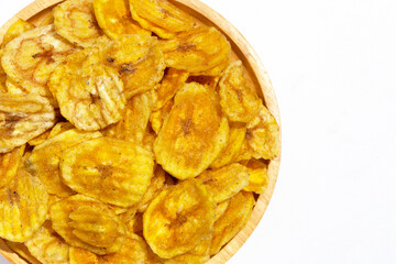 Banana slice chips on white background.