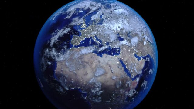 Zoom out of Hungary through clouds to see the Earth from space.