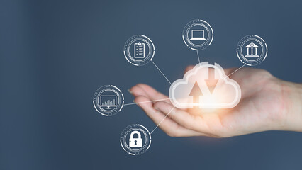 Cloud computing diagram show on hand. Cloud technology. Data storage. Networking and internet service concept.