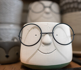 Decorative pots stand on the shelf. Creative pots with face-shaped glasses. Houseplants