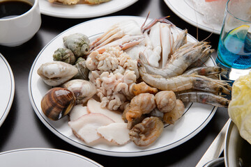Various ingredients for seafood shabu-shabu
