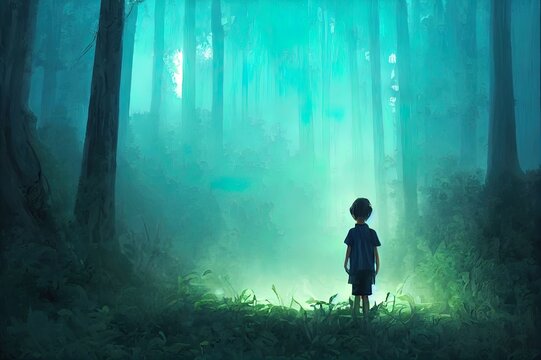 fantasy scenery showing the boy standing in front of the magic gate with glowing blue light in beautiful forest, digital art style, illustration painting