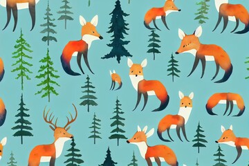 Watercolor composition with forest animals and natural elements. Deer, fox, bear, green trees, pine, fir, flowers and mountains. Woodland creatures in the wild. Illustration for nursery, wallpaper