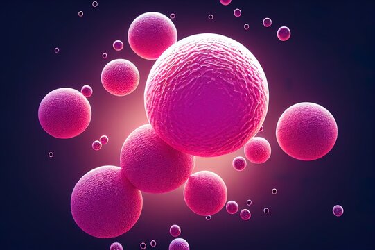 Stem cells floating on skin cell with aura pink background. Skin treatment, Anti Angie concept. 3D rendering