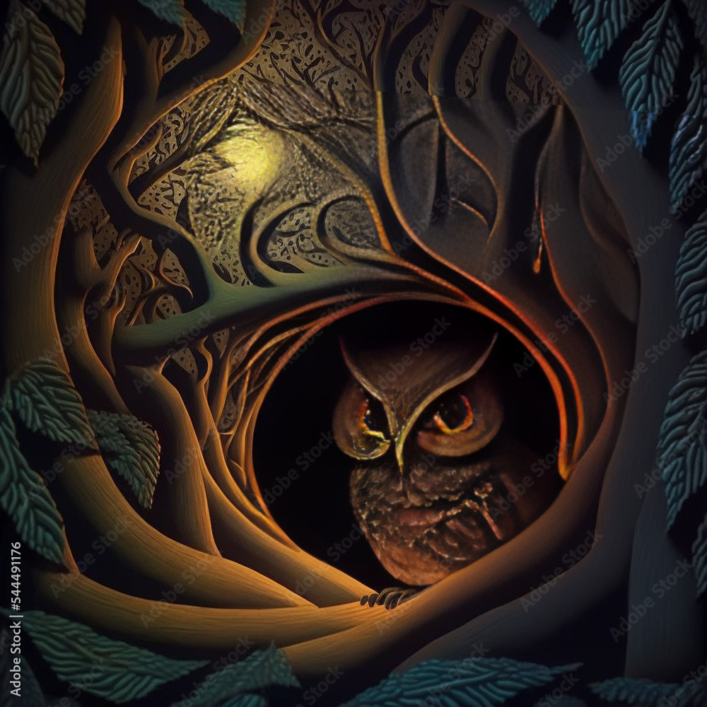 Poster owl in tree paper simulation 3d render