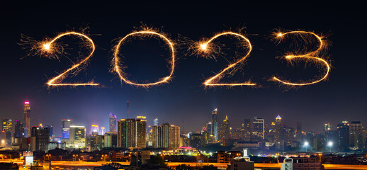 2023 happy new year fireworks celebrating in Bangkok city at night, Thailand