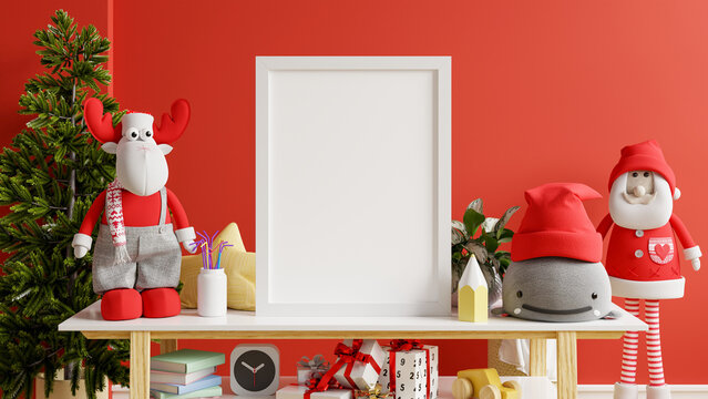 Christmas mockup frame,mockup red wall in living room Christmas interior.