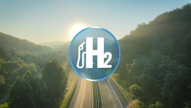 Electric truck powered by Hydrogen, driving on a highway with a H2 Symbol - 3D render