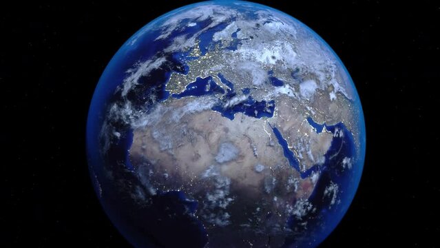 Zoom out of Libya through clouds to see the Earth from space.