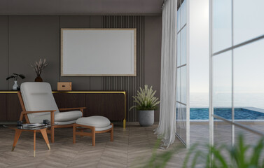 3D mockup blank photo frame in living room rendering