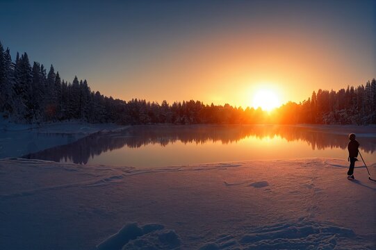 Scenic panoramic view of the silhouette of a young hockey player skating on a frozen lake with amazing reflections in beautiful golden evening light at sunset in winter