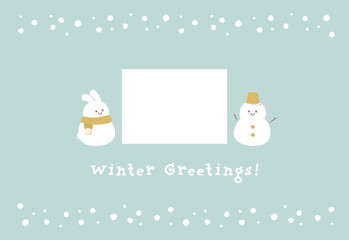 雪だるまとウサギのほのぼの可愛い写真フレーム付きのウィンターグリーティングカード