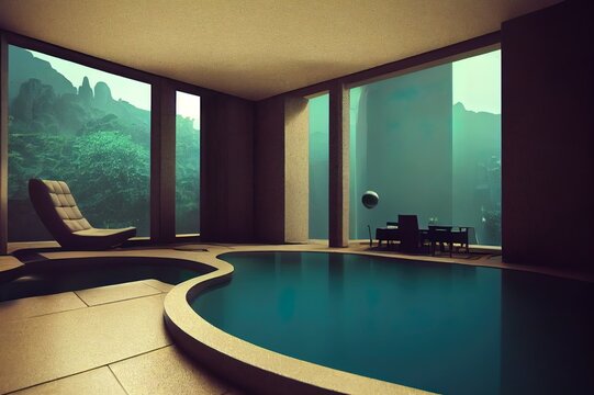 Surreal Landscape And Interior With Lounge And Water Pool. Arc Round Wall. 3d Render Of Restorative Escapism