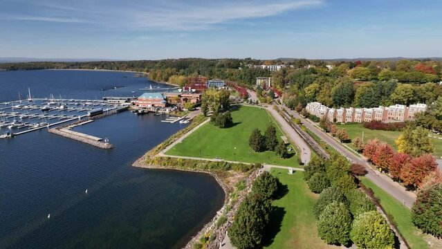 aerial of marina on the banks of lake champlain in burlington vermont