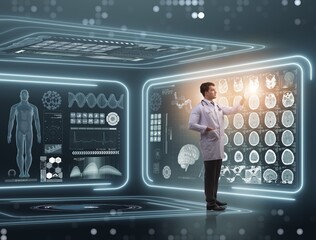 Man doctor in futuristic medicine medical concept