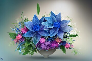 Raster illustration of beautiful blue flower arrangement with bracelet, leaves, bouquet. Fragrant colors in sea colors. Botanical garden, fine art, painting. Wreath of flowers. 3D artwork background