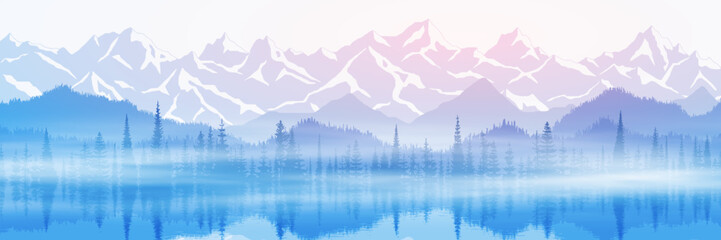 Sunset on the lake, picturesque reflection. Mountain landscape, panoramic view of ridges and forest in fog, vector illustration.