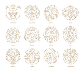 Set of twelve zodiac astrology signs for horoscope, calendar. Capricorn, Aquarius, Pisces, Aries, Taurus, Gemini symbols of esoteric, zodiacal horoscope constellation thin line vector illustration - obrazy, fototapety, plakaty