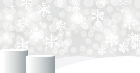 Empty advertising podium with snow on grey background