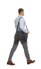 Man with bag walking on white background