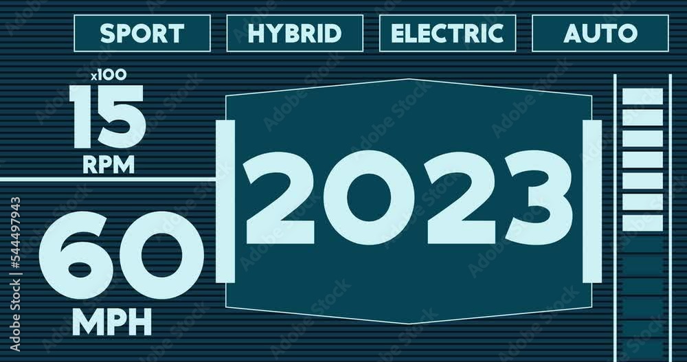 Poster futuristic car dashboard with the number 2023. digital graphical user interface animation.
